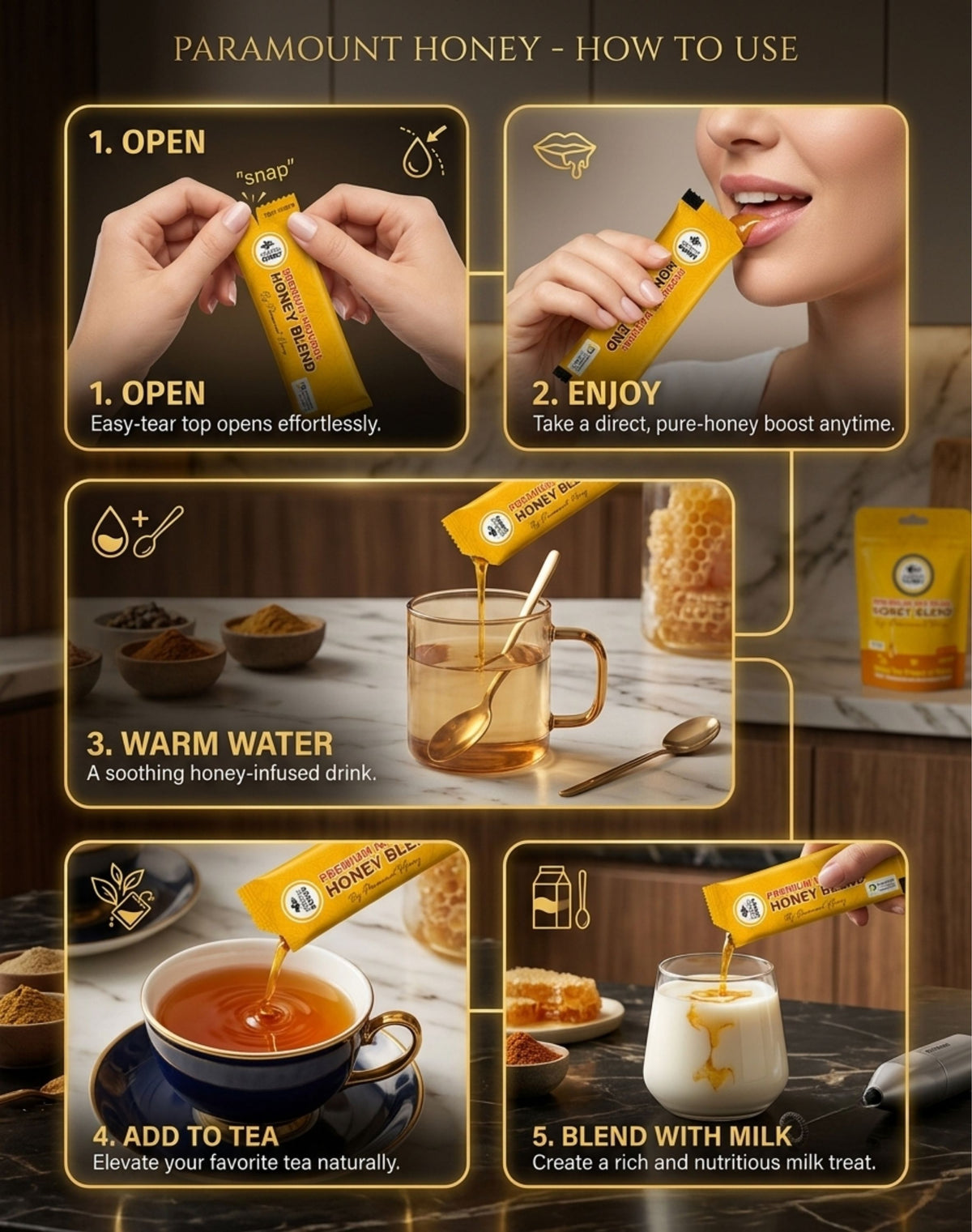 Premium Natural Honey Blend with Bee Pollen, Royal Jelly, Ginseng & Mineral Resin (Shilajit Extract) – 12 Sachets (10g Each) By Paramount Honey