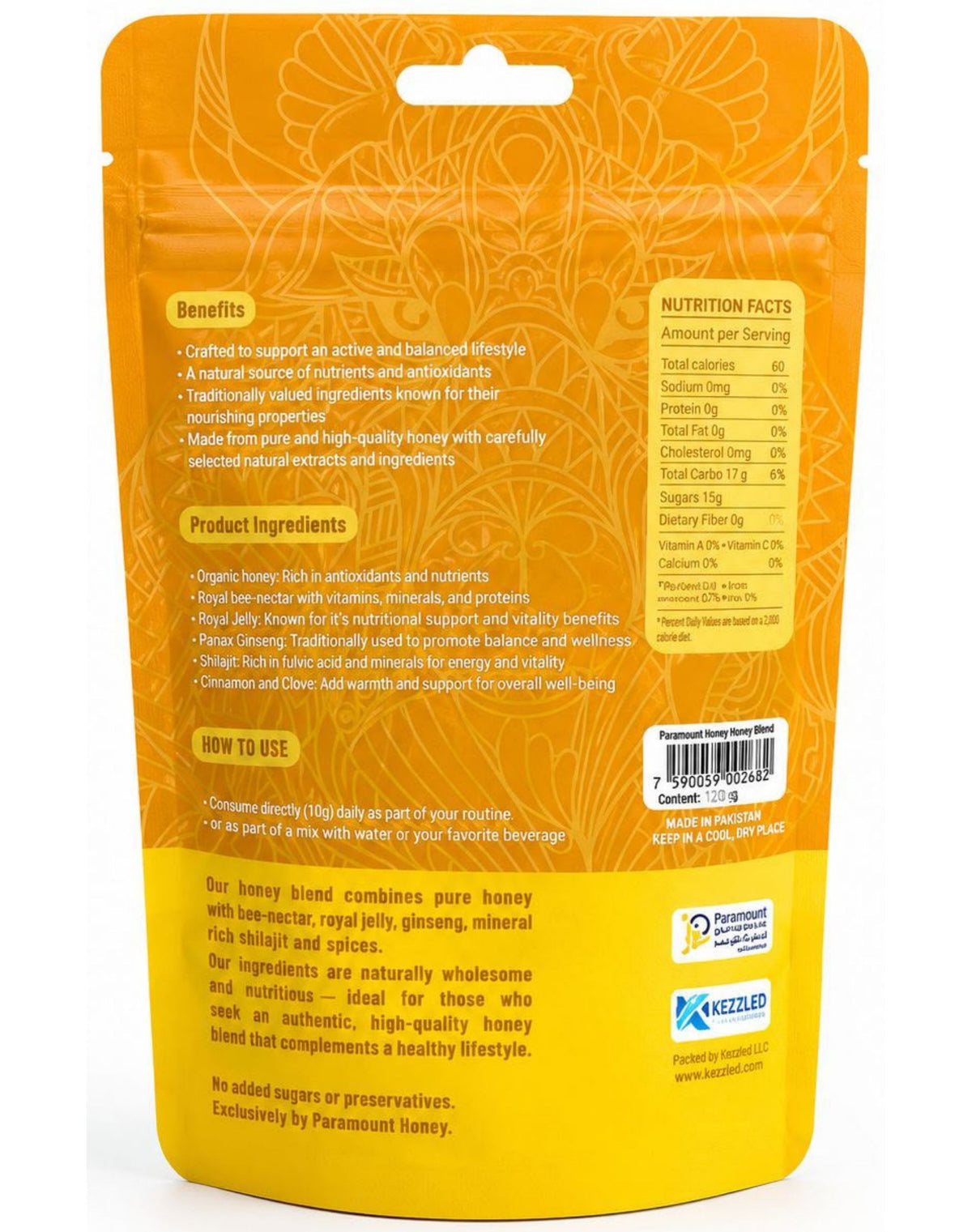 Premium Natural Honey Blend with Bee Pollen, Royal Jelly, Ginseng & Mineral Resin (Shilajit Extract) – 12 Sachets (10g Each) By Paramount Honey