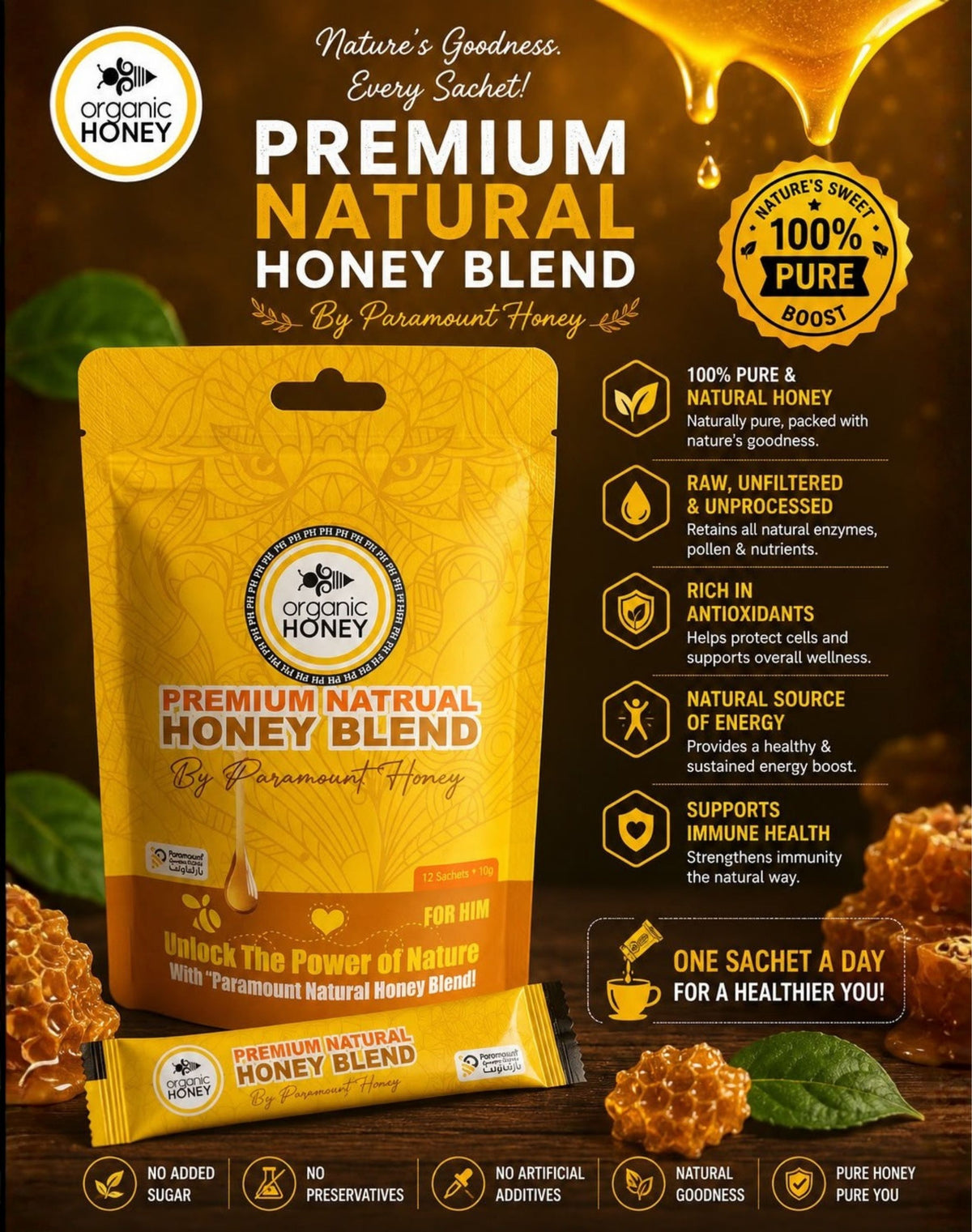 Premium Natural Honey Blend with Bee Pollen, Royal Jelly, Ginseng & Mineral Resin (Shilajit Extract) – 12 Sachets (10g Each) By Paramount Honey