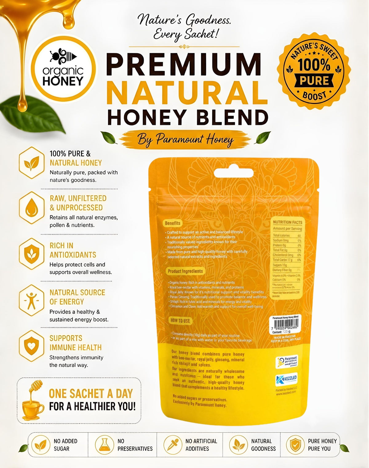 Premium Natural Honey Blend with Bee Pollen, Royal Jelly, Ginseng & Mineral Resin (Shilajit Extract) – 12 Sachets (10g Each) By Paramount Honey
