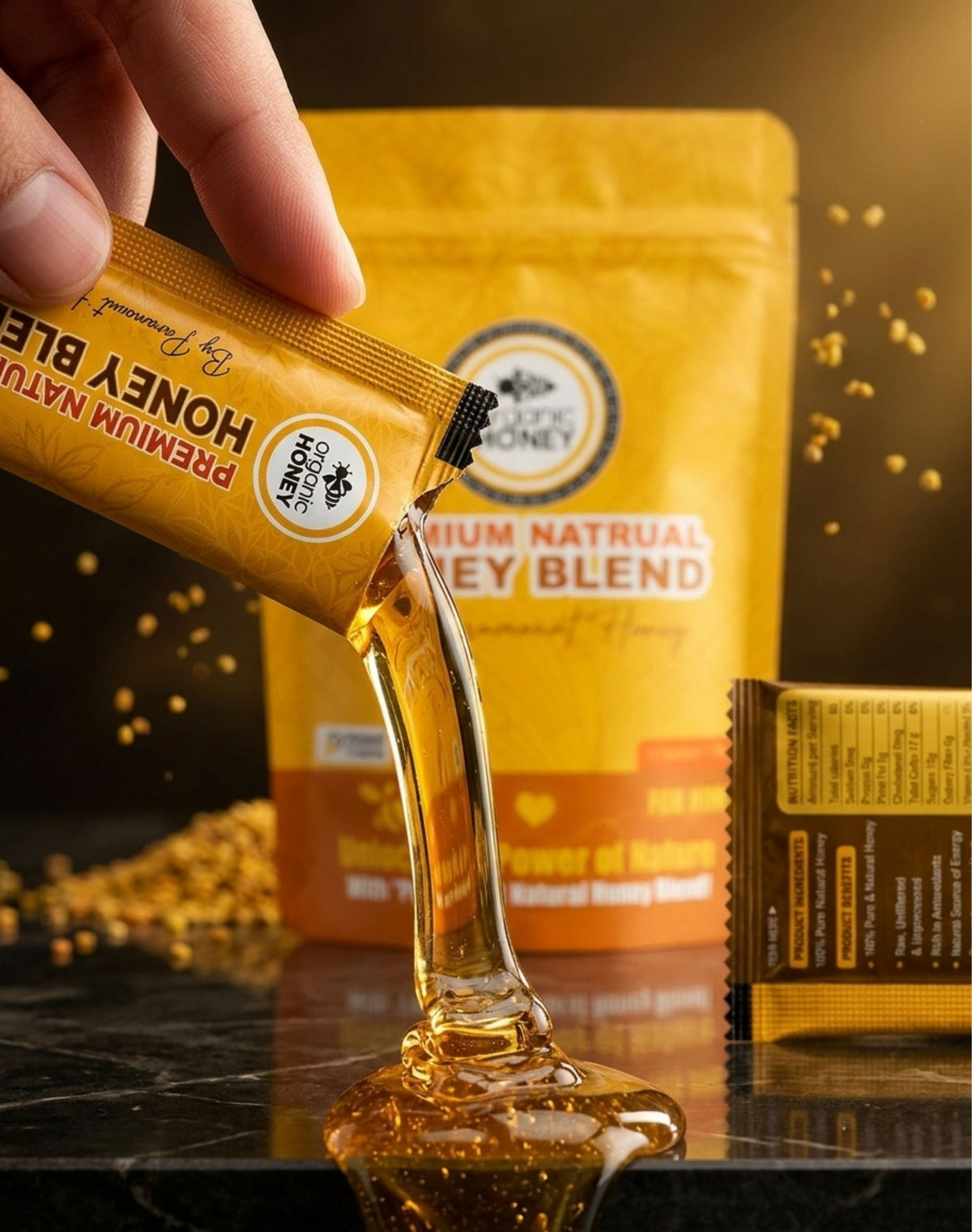 Premium Natural Honey Blend with Bee Pollen, Royal Jelly, Ginseng & Mineral Resin (Shilajit Extract) – 12 Sachets (10g Each) By Paramount Honey