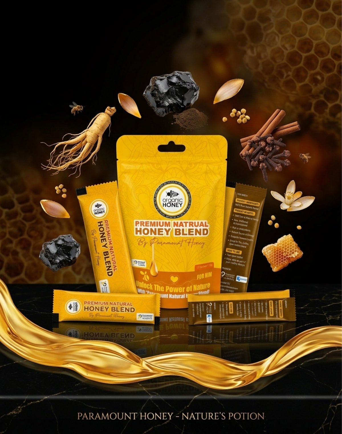 Premium Natural Honey Blend with Bee Pollen, Royal Jelly, Ginseng & Mineral Resin (Shilajit Extract) – 12 Sachets (10g Each) By Paramount Honey